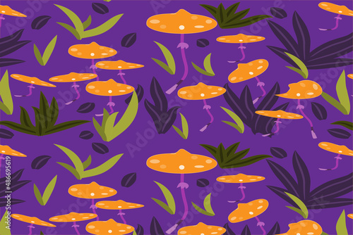 Seamless vector floral pattern with mushrooms. Cartoon. For background  wallpaper  paper  clothing  textile  cover  packaging  kids.