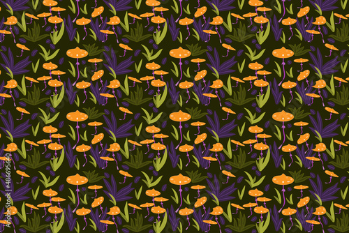 Seamless vector floral pattern with mushrooms. Cartoon. For background, wallpaper, paper, clothing, textile, cover, packaging, kids.