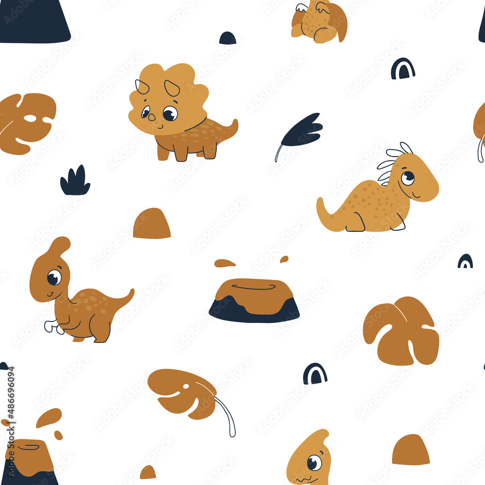 Nursery seamless pattern with сute dinosaurs. Childish pattern for fabric, wrapping, clothing, textile, wallpaper, pajamas, kids apparel, beddings
