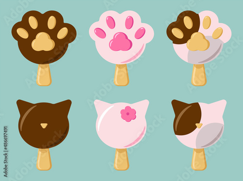 A set of cute ice creams in the shape of cat paws and heads. Vector illustration in flat style.