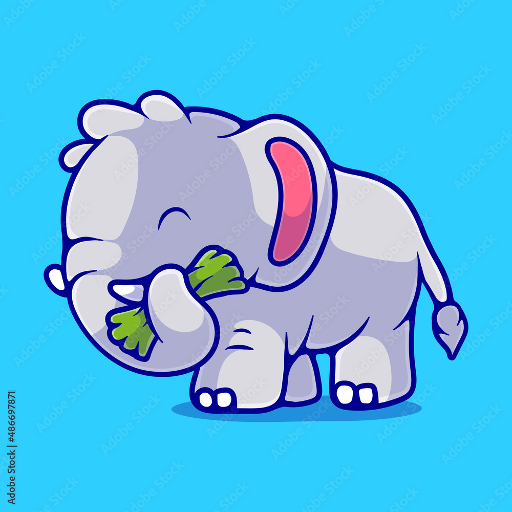 cute elephant eating grass illustration suitable for mascot sticker and t-shirt design