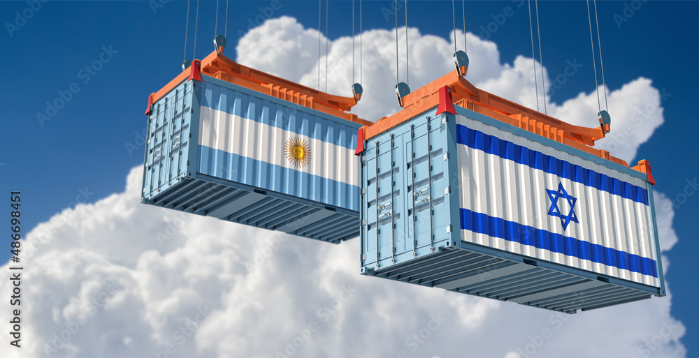 Freight containers with Argentina and Israel national flags. 3D Rendering Freight containers with Argentina and Israel national flags. 3D Rendering