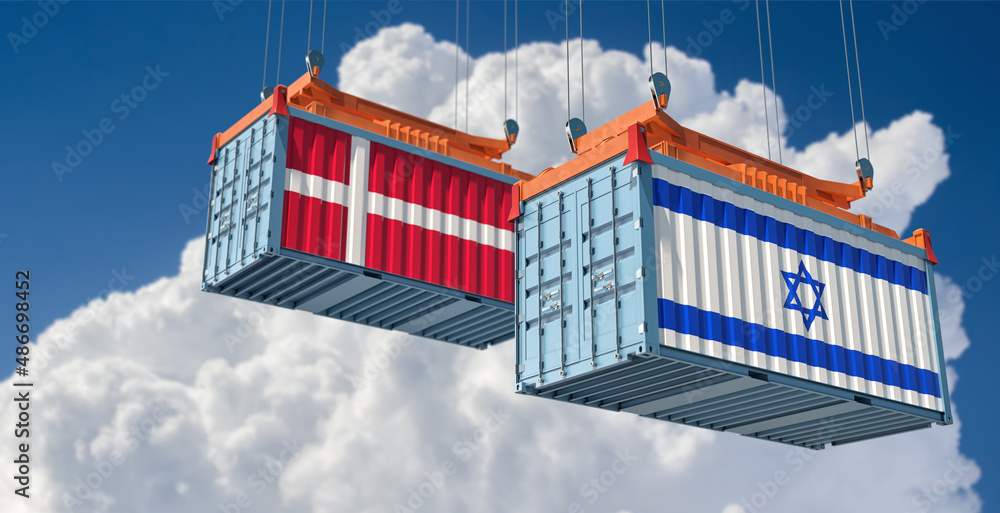 Freight containers with Denmark and Israel national flags. 3D Rendering 
