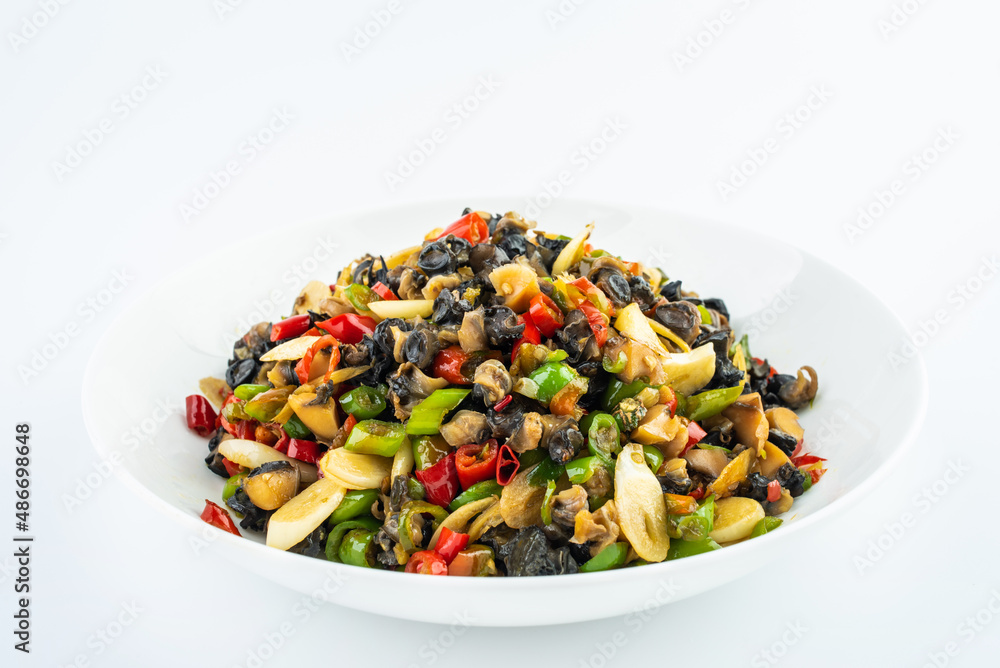 Chinese dish of fried snail meat with chili Chinese dish of fried snail meat with chili