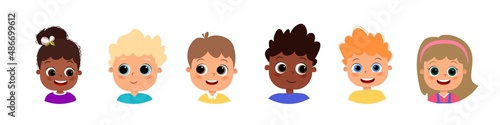 Set of diverse kids faces, avatars. Children's heads of different nationalities in flat style. Boys and girls portraits vector illustration in cartoon style. Different Characters