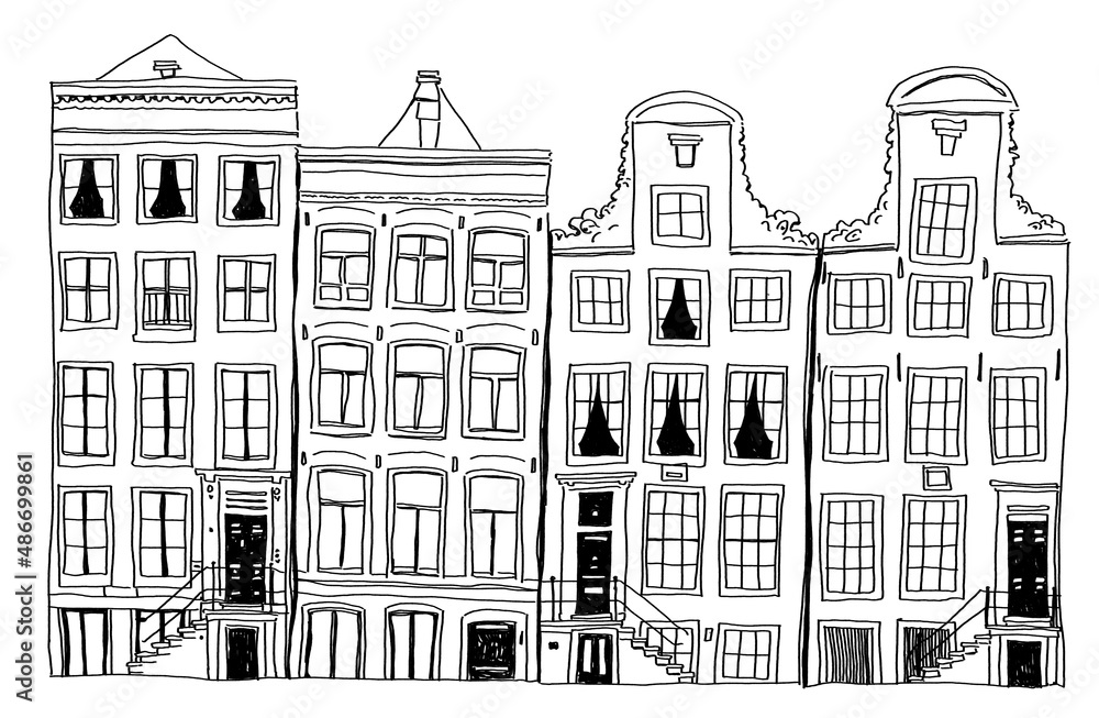 Beautiful Amsterdam houses painted in sketch style with black and white graphics. Suitable for print, postcard, sketchbook cover, poster, stickers, your design.