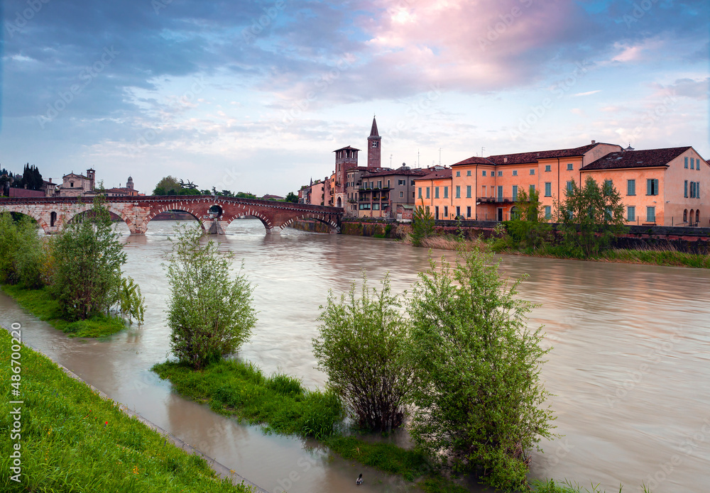 Fototapeta premium City of Verona at dawn. Adige river.