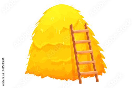 Haystack, pile of hay with ladder in cartoon style isolated on white background. Farming, rural drawing. Country, ranch element.