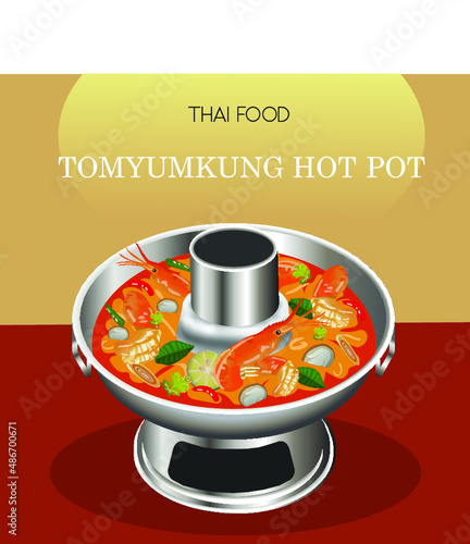 Prawn spicy soup Tom Yum Kung Thai cuisine hot pot vector.