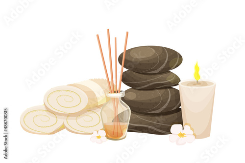Rolled towels, spa stones tower, aroma candles and incense sticks in bottle in cartoon style isolated on white background. Relax, wellness treatment concept.