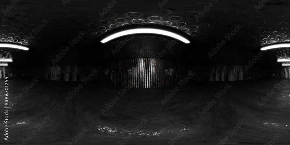 360 degree full panorama environment map of industrial steel shed hall ...