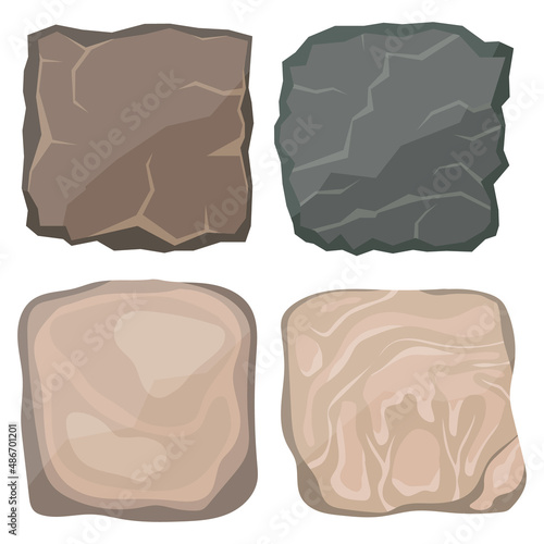 A set of smooth stones. Stone slabs of square shape isolated on white background. Large square stones. Vector, cartoon illustration.