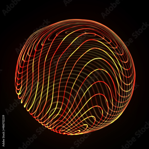 Wireframe red sphere with twisted lines. Futuristic technology circle with twisted glowing lines. Abstract 3d logo. Illustration of curled stripes shape.