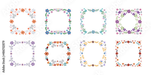 Vector set of folk frames with flowers and leaves.Nature border for greating or post card, invitation. Illustration in scandinavan style