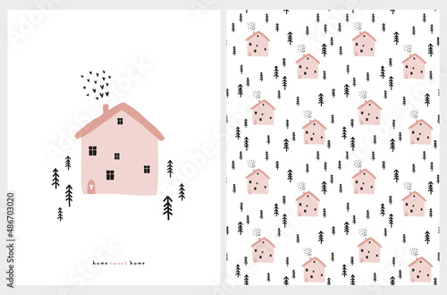 Home Sweet Home. Cute Infantile Style Vector Illustration and Seamless Pattern with Lovely House with Pink Roof and Smoke of Hearts. Nursery Art ideal for Wall Art, Poster, Fabric.