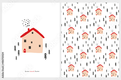 Home Sweet Home. Cute Infantile Style Vector Illustration and Seamless Pattern with Lovely House with Red Roof and Smoke of Hearts. Nursery Art ideal for Wall Art, Poster, Fabric.