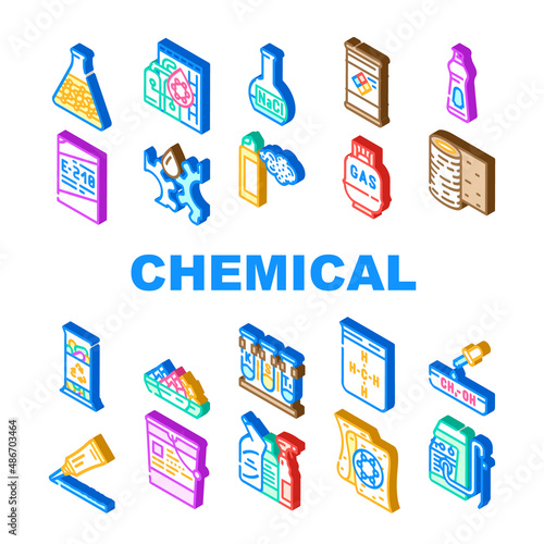 Chemical Industry Production Icons Set Vector. Specialty Chemical Liquid In Barrel And Industrial Oil, Rubber Roll Organic Solvent, Gas Cylinder And Laboratory Glass Isometric Sign Color Illustrations