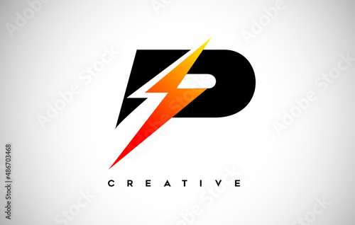 Letter P Thunderbolt Logo Concept with Black Letter and Orange Yellow Thunder.