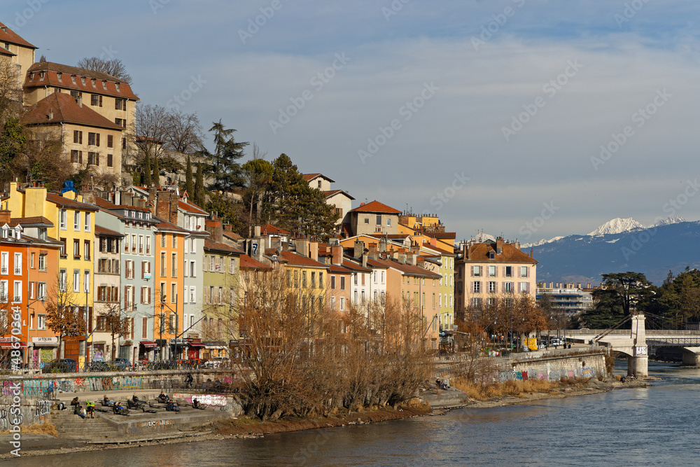 GRENOBLE, FRANCE, February 3, 2022 : Old city on the banks of Isere river.