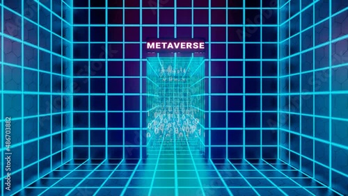 Enter or door to metaverse concept. Metaphor for entering metaverse space. VR concept, sci-fi room blue light squares shapes. Web 3.0 representation. 3d render video photo