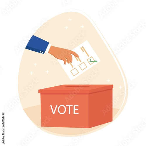 Voting and election concept. Hand putting ballot paper in voting box. Voter making decisions. Hand holds ballot. Politics opinion, voter survey. Democratic election. Vector flat illustration. Vote day