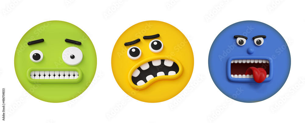 3d render, set of round colorful face icons with different emotions and facial expressions, isolated on white background. Sick shock anger 3d render, set of round colorful face icons with different emotions and facial expressions, isolated on white background. Sick shock anger