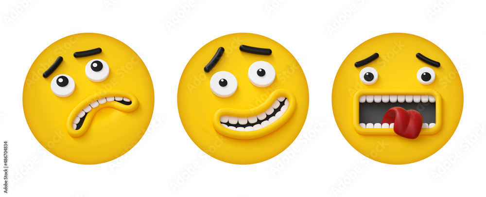 3d render, set of round yellow face icons with different emotions and facial expressions, isolated on white background. Fear confusion shock 3d render, set of round yellow face icons with different emotions and facial expressions, isolated on white background. Fear confusion shock