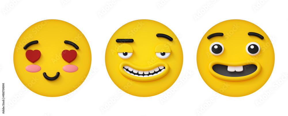 3d render, set of round yellow face icons with different emotions and facial expressions, isolated on white background. Love seduction thrill excitement 3d render, set of round yellow face icons with different emotions and facial expressions, isolated on white background. Love seduction thrill excitement