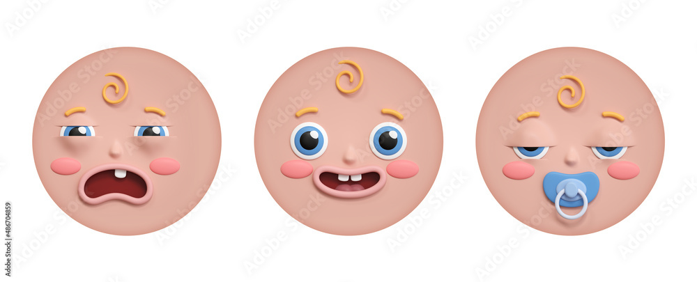 3d render, set of 3 baby face icons with different emotions, clip art isolated on white background. Round stickers collection 3d render, set of 3 baby face icons with different emotions, clip art isolated on white background. Round stickers collection
