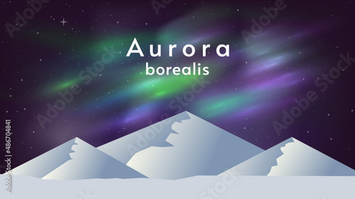 Vector abstract minimalist illustration. Flat style design. Beautiful colours auroras. Northern light’s with white mountains. Design for wallpaper, background, tourism or business card.