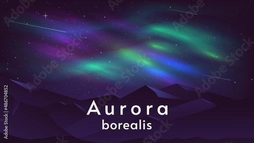 Aurora borealis landscape. Flat style. Vector illustration. Dark mountains with starry sky. Design for wallpaper, background.