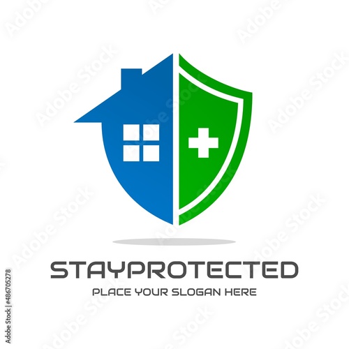 Stay at home or protected vector logo template. This design use home and cross health symbol. Suitable for medical.