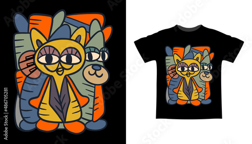 Hand drawn abstract cat art illustration t shirt design