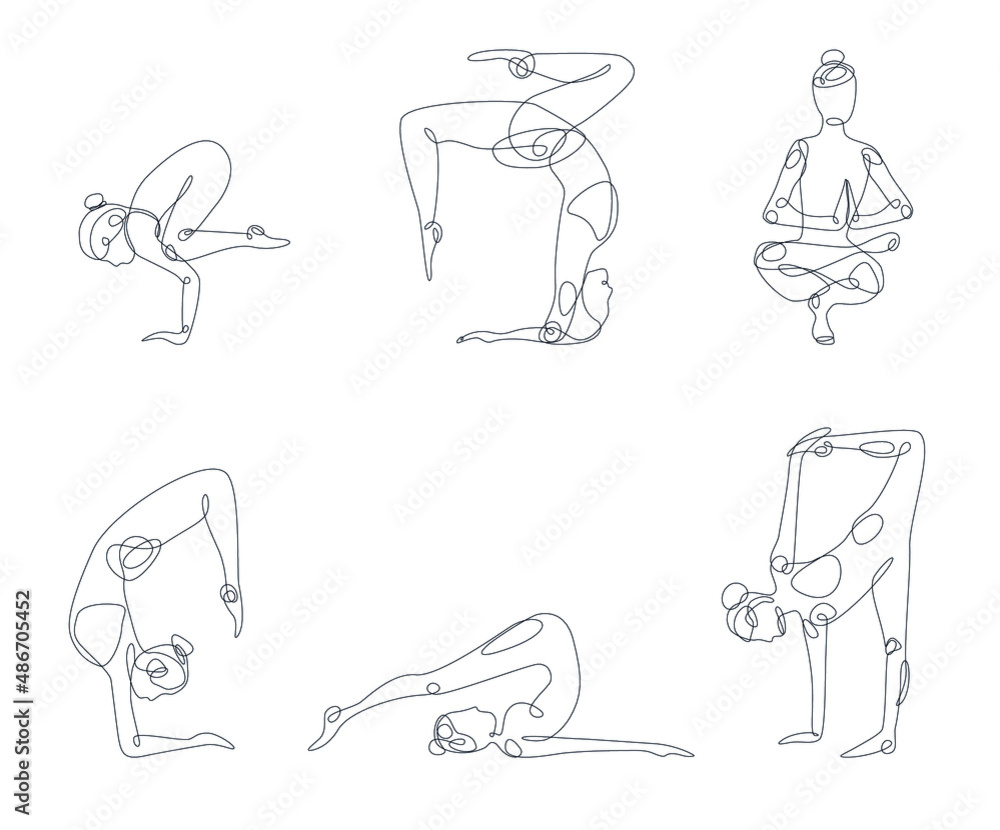 Set of yoga poses one line. Black line on white background. Perfect for posters and postcards