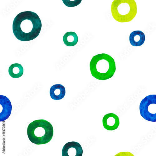 watercolor pattern with yellow, green, blue circles. Background in abstract style. For decor and design, printing on paper, packaging, fabric, scrapbooking. 