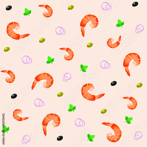 Seamless pattern of shrimp, olives, onion rings and parsley on a light background. Flat food. Vector illustration