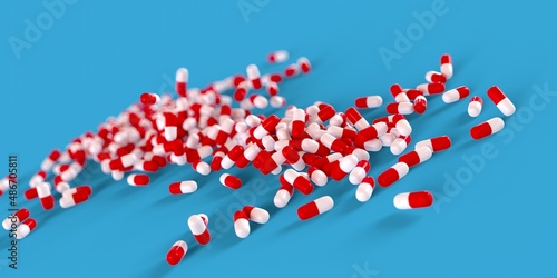red and white pharmaceuticals drugs capsules 3D computer generated illustration