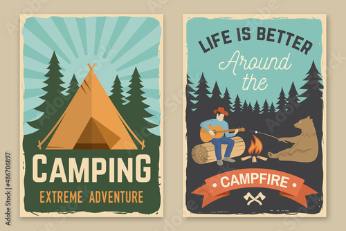 Set of camping retro posters. Vector. Concept for shirt or print, stamp, travel badge. Vintage typography design with camper tent, pot on the fire, axe, mountain, man with guitar silhouette.