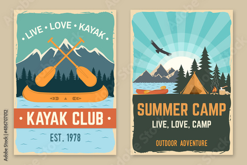 Set of camping retro posters. Vector. Concept for patch, shirt, print, stamp or tee. Vintage typography design with canoe, paddle, camping tent and forest silhouette. Extreme water sport kayak poster.