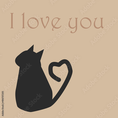 a black cat with a tail in the form of a heart sits on its back with the inscription I love you