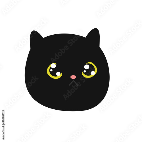 cute black muzzle of a cat with big yellow shiny eyes and a small pink nose on a white background