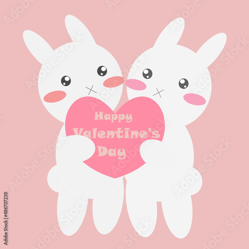 two cute white rabbits holding a red heart with an inscription happy valentine's day on a pink background