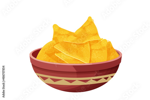 Tortilla chips, traditional Mexico nacho, triangle crisp food in bowl in cartoon style isolated on white background. Fast food, detailed meal.
