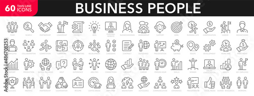 Business people line icons set. Businessman outline icons collection. Teamwork, human resources, meeting, partnership, meeting, work group, success, resume - stock vector. photo