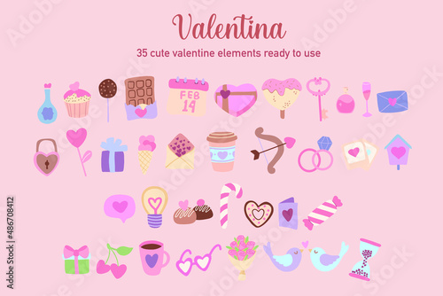 Valentine cute elements graphic resource. Valentine cute icon pack. Cute valentine elements graphic set.