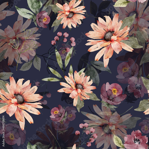 Seamless floral pattern with pink chamomile flowers on a blue background  hand painted with watercolors.