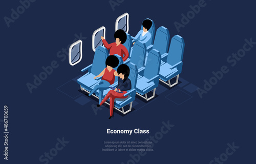 Vector Illustration. Cartoon 3D Style With Character. Isometric Composition On Economy Class Airplane Flight Concept. People Sitting In Plane. Group Of Characters. Writings, Infographic Elements Near