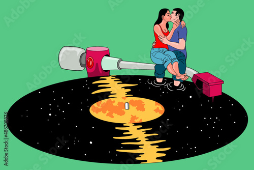 A kiss. Beautiful man and woman hug and kiss. A metaphor. Vinyl record. Space. Moon. River.