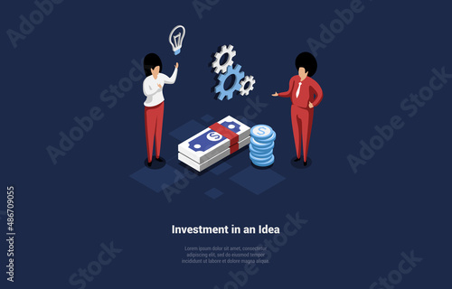 Vector Illustration. Cartoon 3D Style With Character. Isometric Composition On Business Investment In Idea Concept. Successful Startup Funding. Businesspeople Standing, Money Elements. Light Bulb
