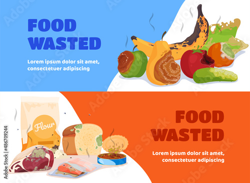 Set rotten products horizontal banner with place for text vector flat illustration